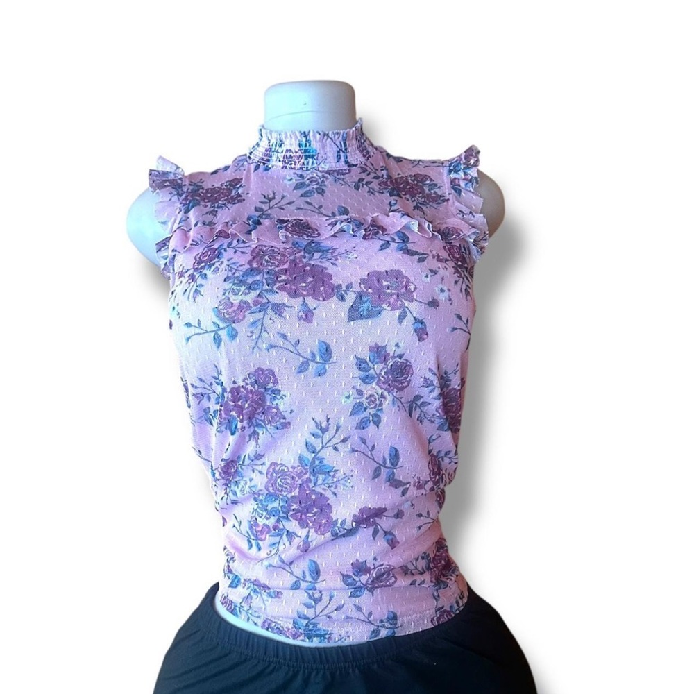 Unique Vintage Floral Ruffle Tank Top - Pink and Purple